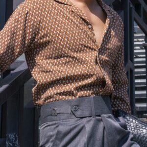 brown print shirt