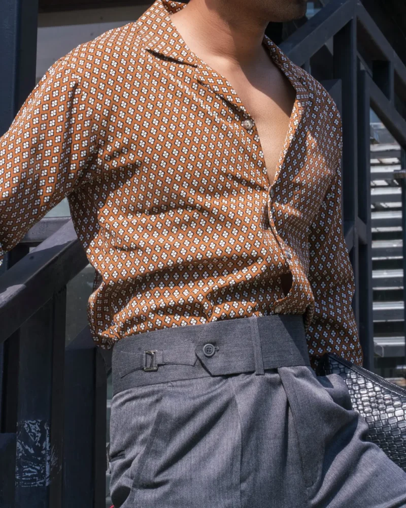brown print shirt