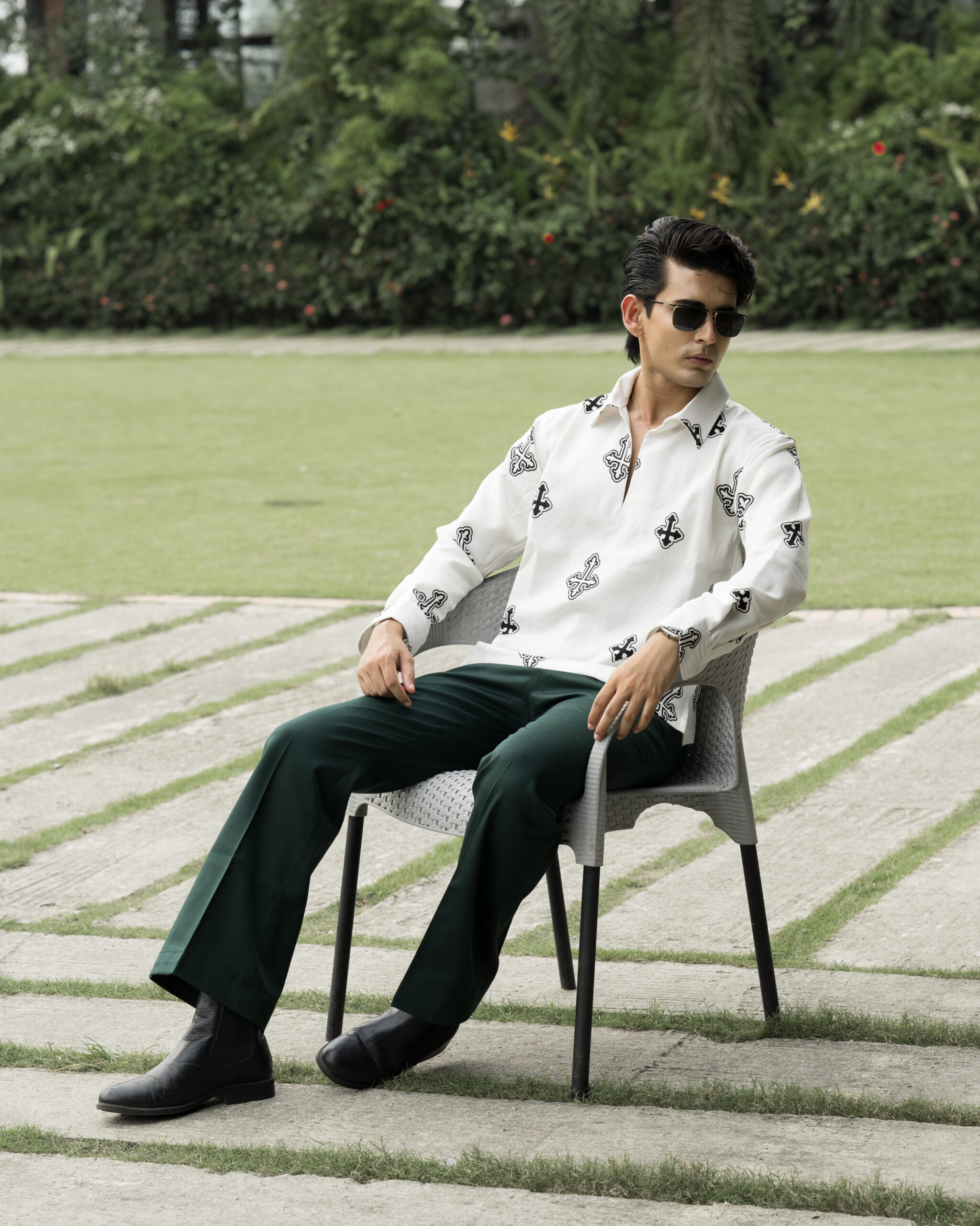 Cross Printed Johnny Collar Polo Shirt - Image 2