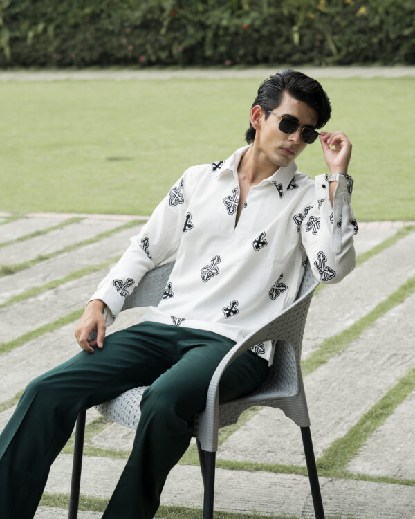 Cross Printed Johnny Collar Polo Shirt