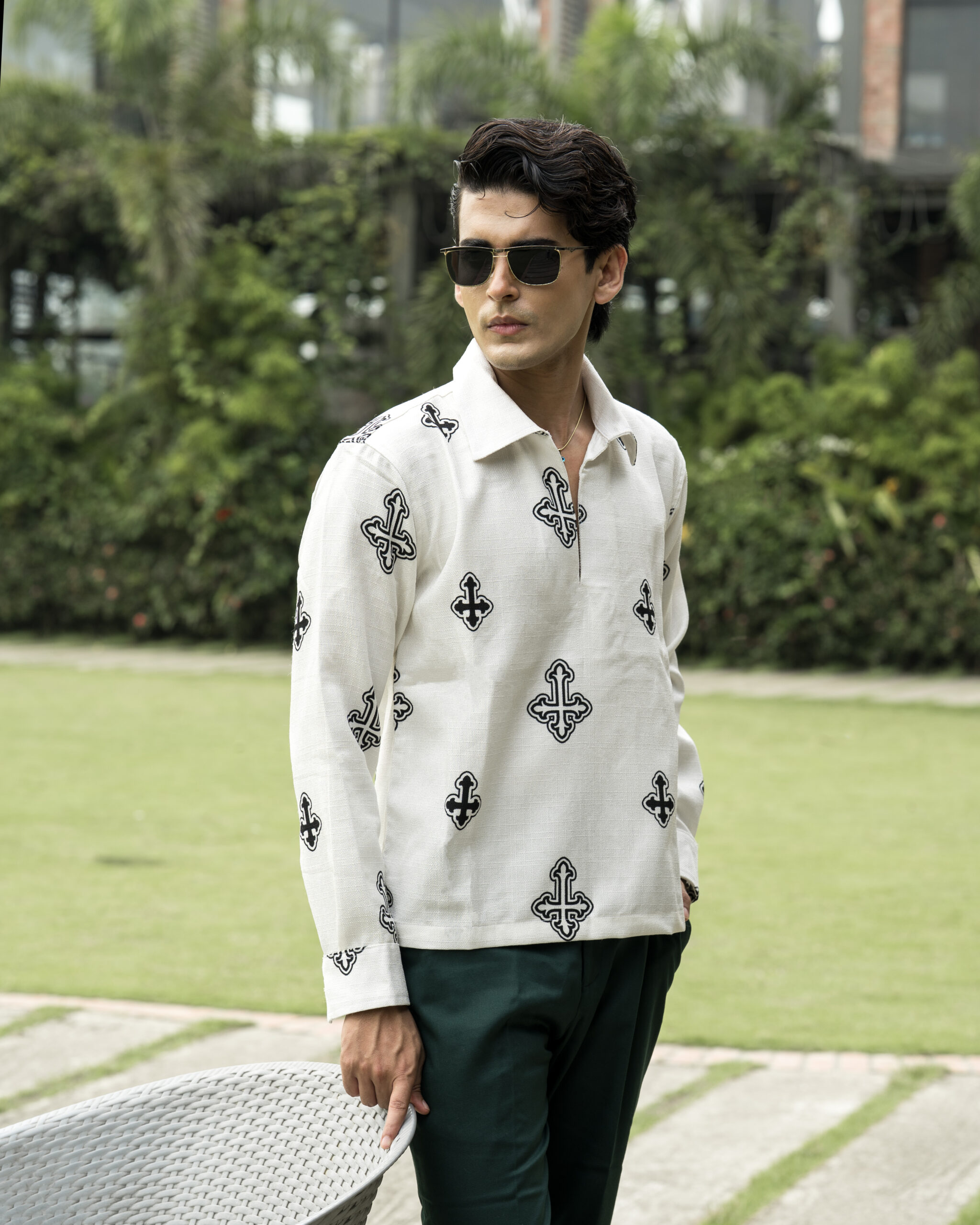 Cross Printed Johnny Collar Polo Shirt - Image 3