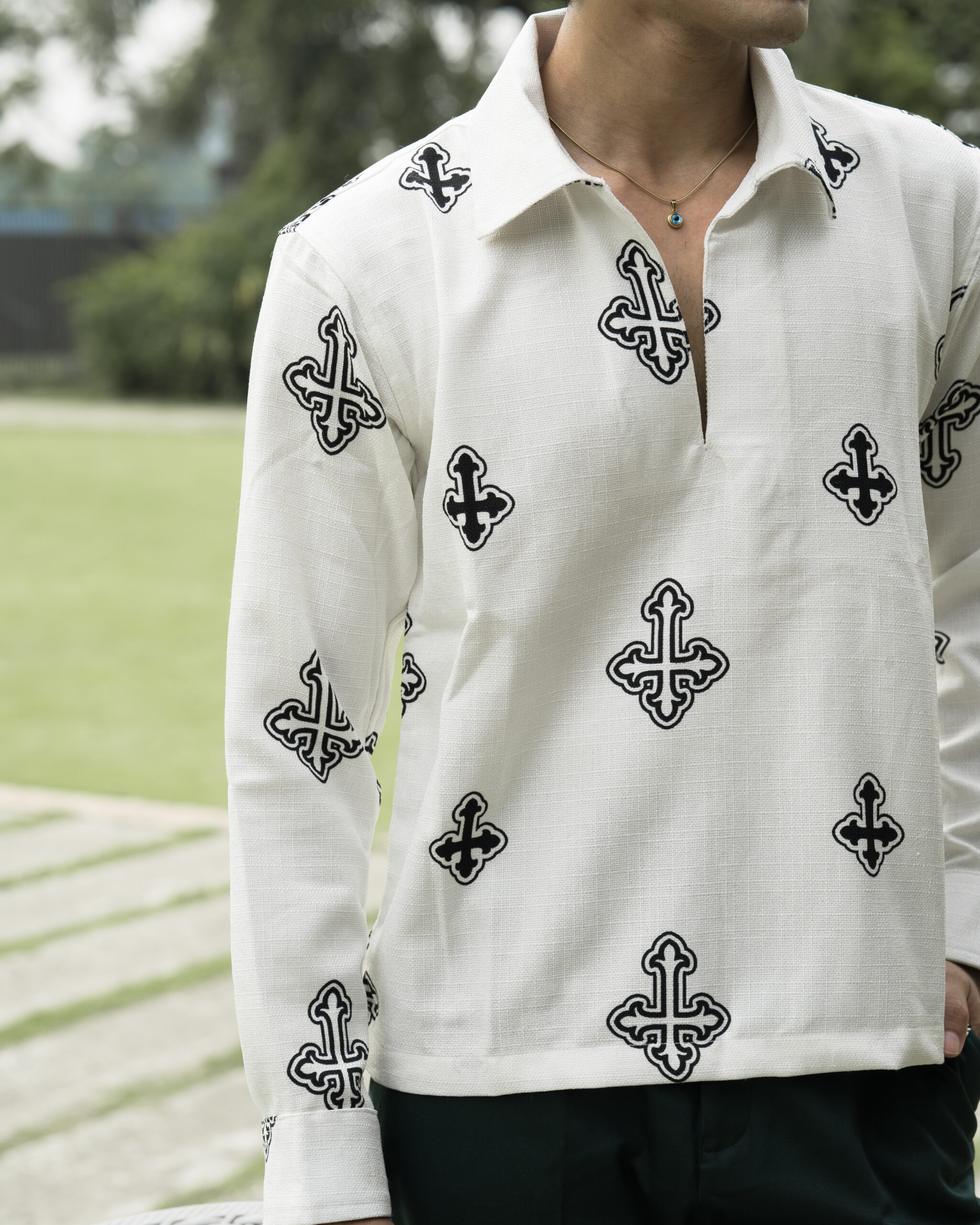 Cross Printed Johnny Collar Polo Shirt - Image 4